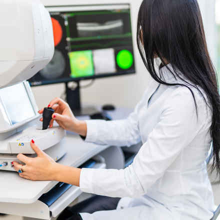 eye test clinic, woman looking at eye scans 