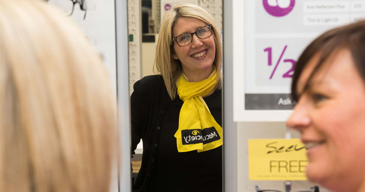 Vision Express, woman with Macular Society scarf