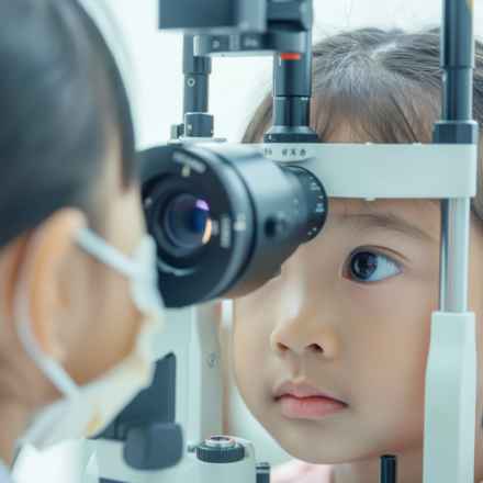 Young girl looking at optometrist as they look at the back of the child's eye