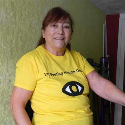 Julia Mills in Macular Society t-shirt