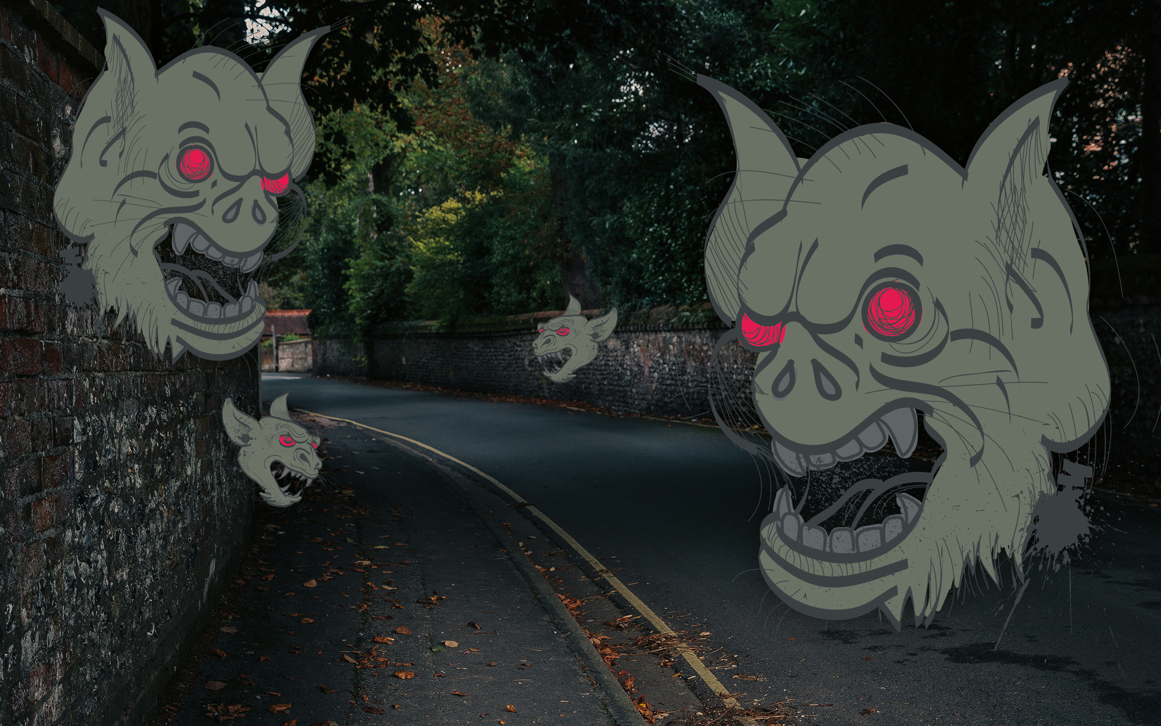 Charles Bonnet Gargoyles appearing on a dark road